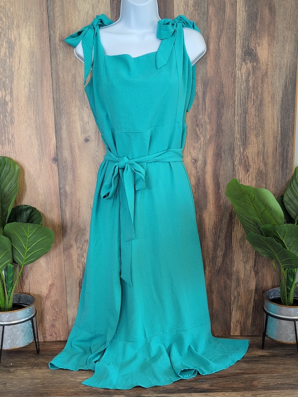 Anrabess Tie-Shoulder Teal Maxi Dress with Waist Sash L M378